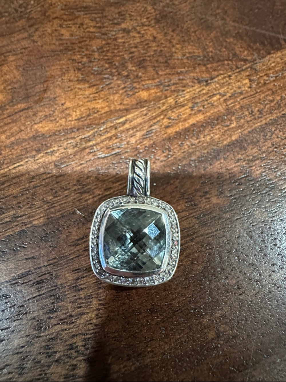 Sterling Silver Prasiolite Albion pendant with pave diamonds.